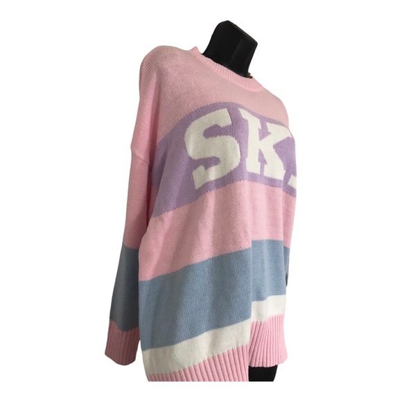 Sincerely jules pink blue stripe colorblock SKI graphic print sweater size S - Picture 8 of 12